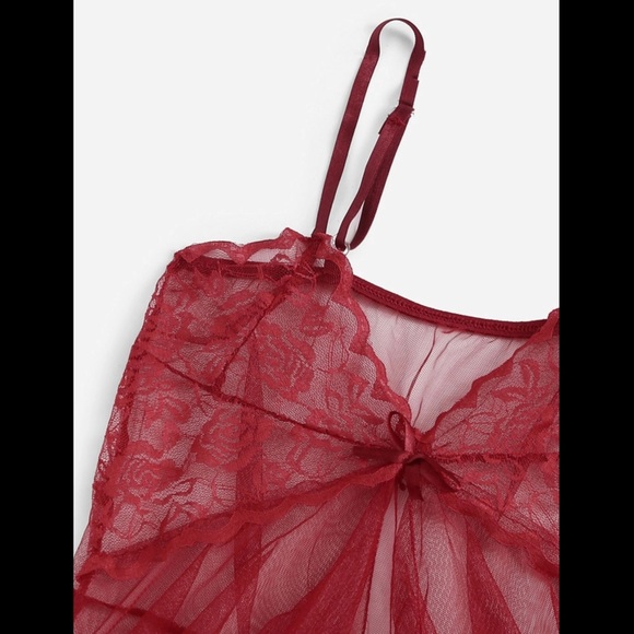 Red, Sheer, Draped, Lace, Lingerie Set - Picture 5 of 6